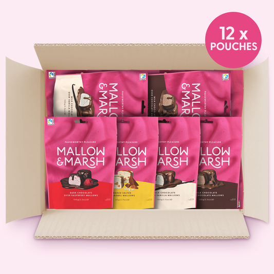 Mixed Box of 12 – Chocolate, Salted Caramel, Vanilla & Raspberry Pouches